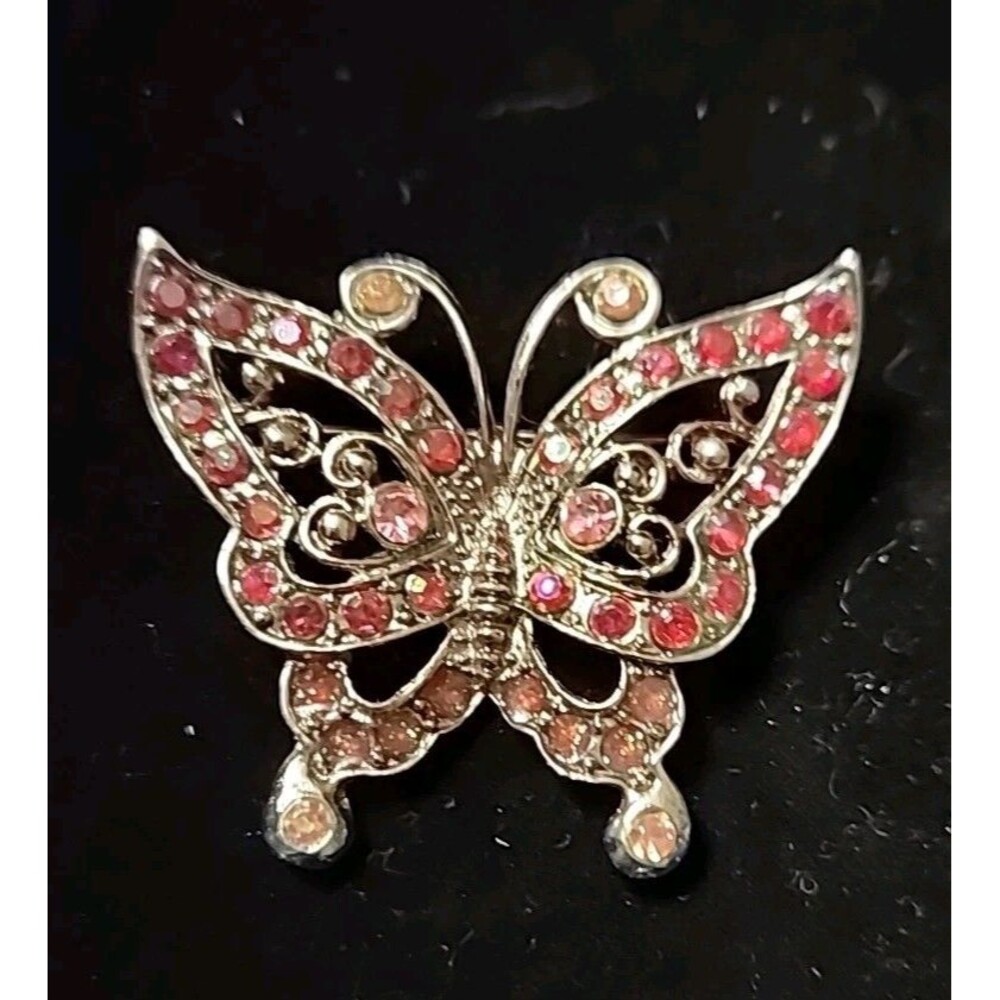 Vintage Silver Tone Butterfly Brooch Pink & Peach Rhinestones With Filigree